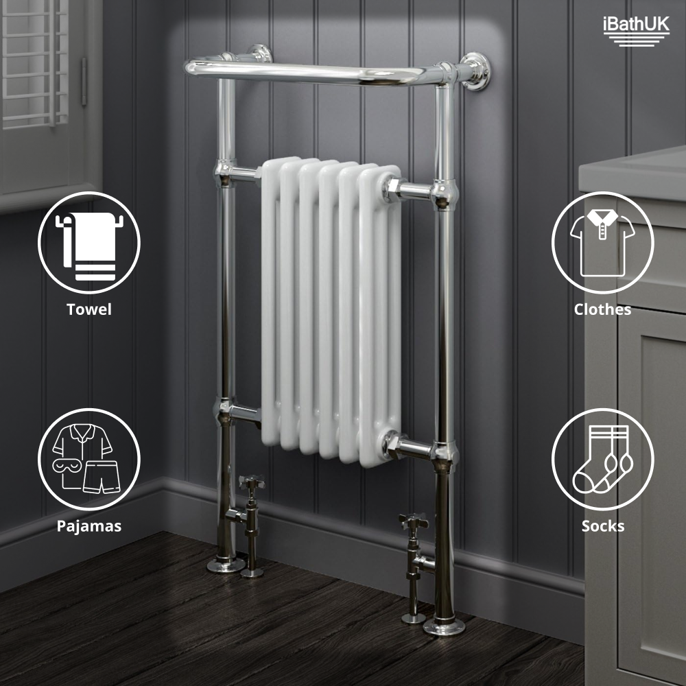 Traditional Vertical Heated Towel Radiator - Chrome/White