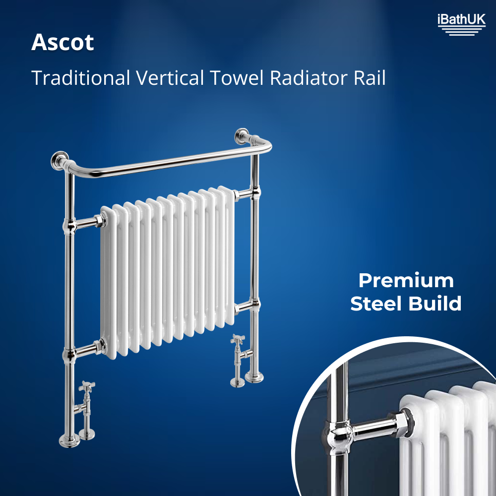 Traditional Vintage Vertical Heated Towel Rail - Chrome/White