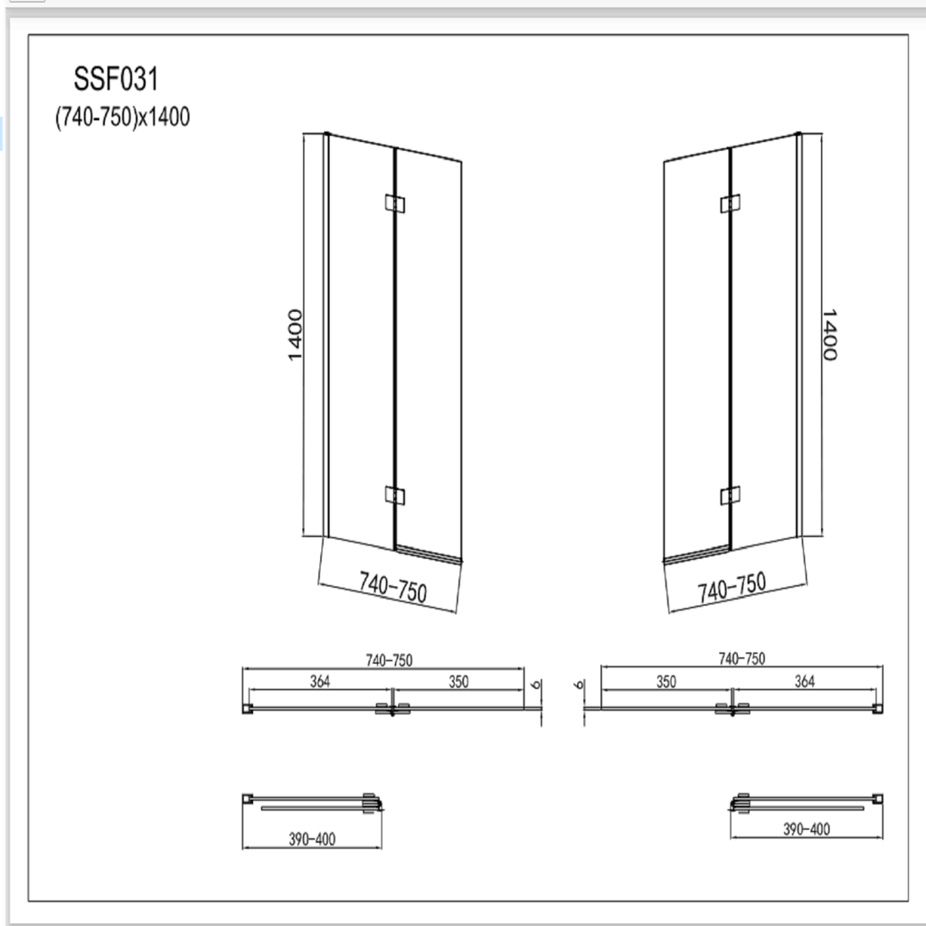 Modern Shower Bath Screen - 6mm Glass - 1400mm x 750mmm - Chrome