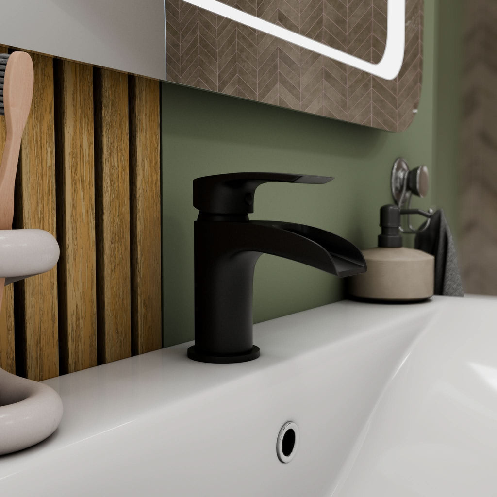 Symphony Round Waterfall Mono Basin Mixer Tap with Waste - Matt Black