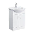 The iBathUK Quartz MDF Gloss White Vanity Unit with Basin features a modern high gloss finish, chrome faucet, two cabinet doors, and is made from moisture-resistant MDF, shown against a plain white background.