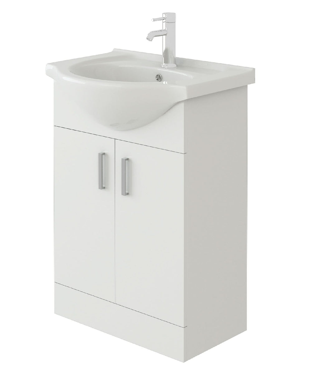 The iBathUK Quartz MDF Gloss White Vanity Unit with Basin features a modern high gloss finish, built-in sink, chrome faucet, and two cabinet doors with silver handles, all crafted from moisture-resistant MDF.
