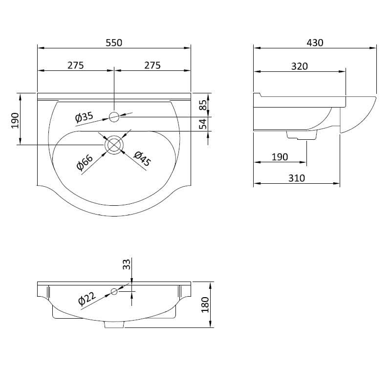 Technical drawing of the iBathUK Quartz MDF Gloss White Vanity Unit with Basin, showing front, side, and bottom views with dimensions (550mm W x 430mm D x 180mm H), plus detailed faucet and drain hole measurements.