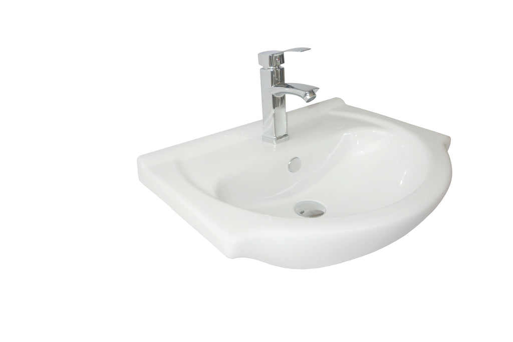 The iBathUK Quartz MDF Gloss White Vanity Unit with Basin features a white ceramic, wall-mounted sink with a silver faucet. Pair its curved basin with the high-gloss unit for modern style, extra storage, and easy cleaning.