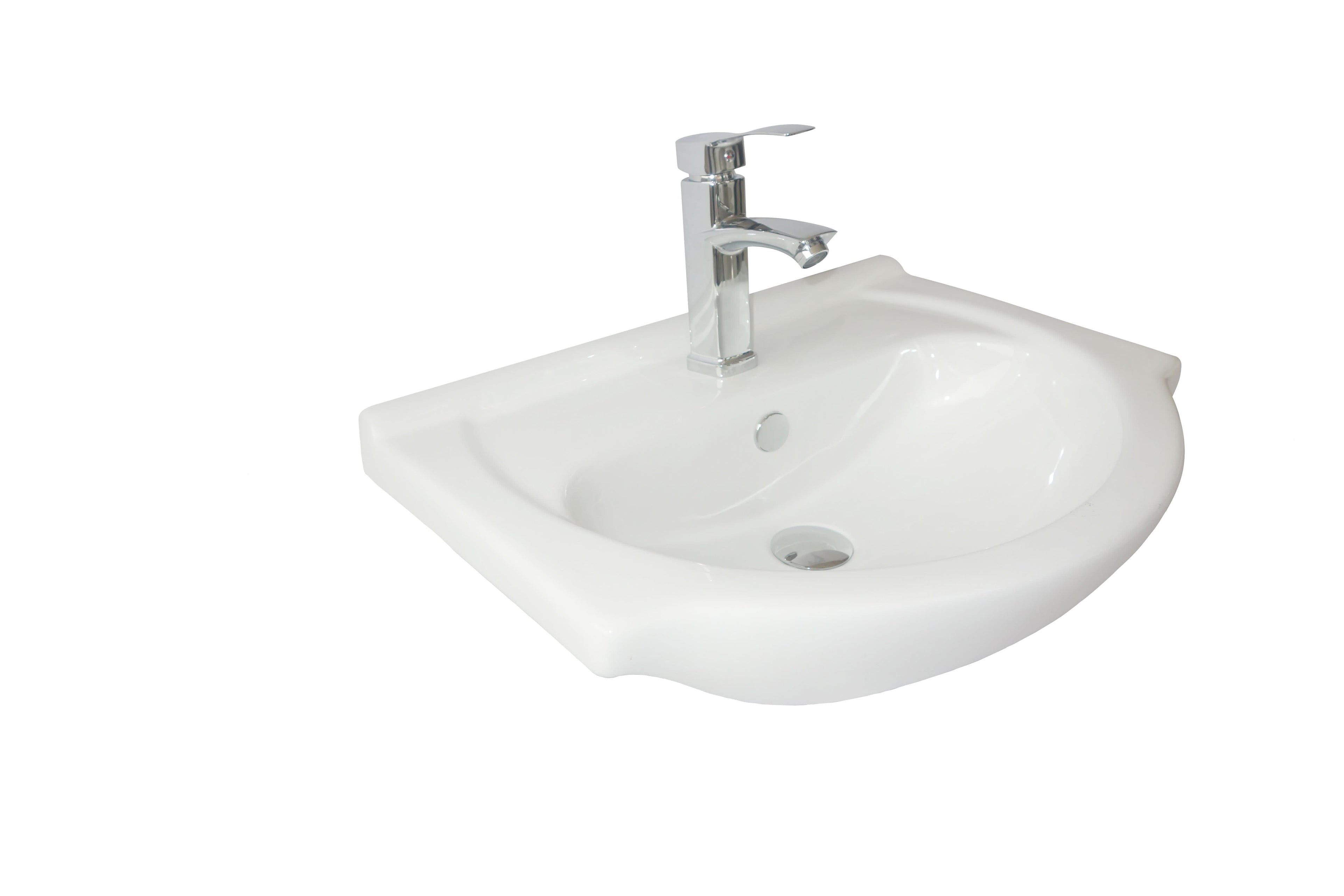 The iBathUK Quartz MDF Gloss White Vanity Unit with Basin features a white ceramic, wall-mounted sink with a silver faucet. Pair its curved basin with the high-gloss unit for modern style, extra storage, and easy cleaning.