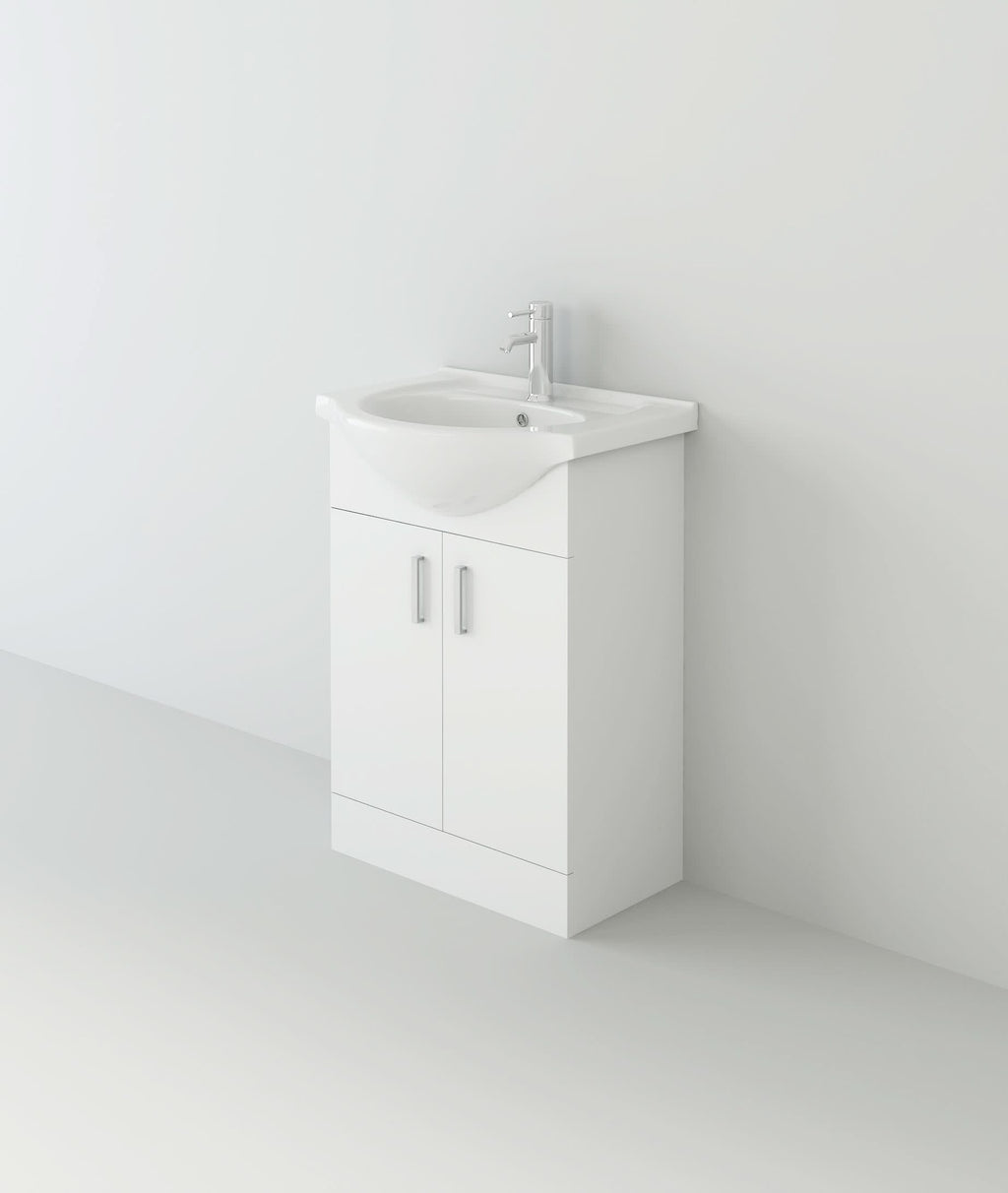 The iBathUK Quartz MDF Gloss White Vanity Unit with Basin features a moisture-resistant high gloss white finish, built-in sink, silver faucet, and two cabinet doors, perfectly suited for modern spaces with plain white walls and floors.