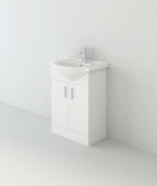 The iBathUK Quartz MDF Gloss White Vanity Unit with Basin features a moisture-resistant high gloss white finish, built-in sink, silver faucet, and two cabinet doors, perfectly suited for modern spaces with plain white walls and floors.