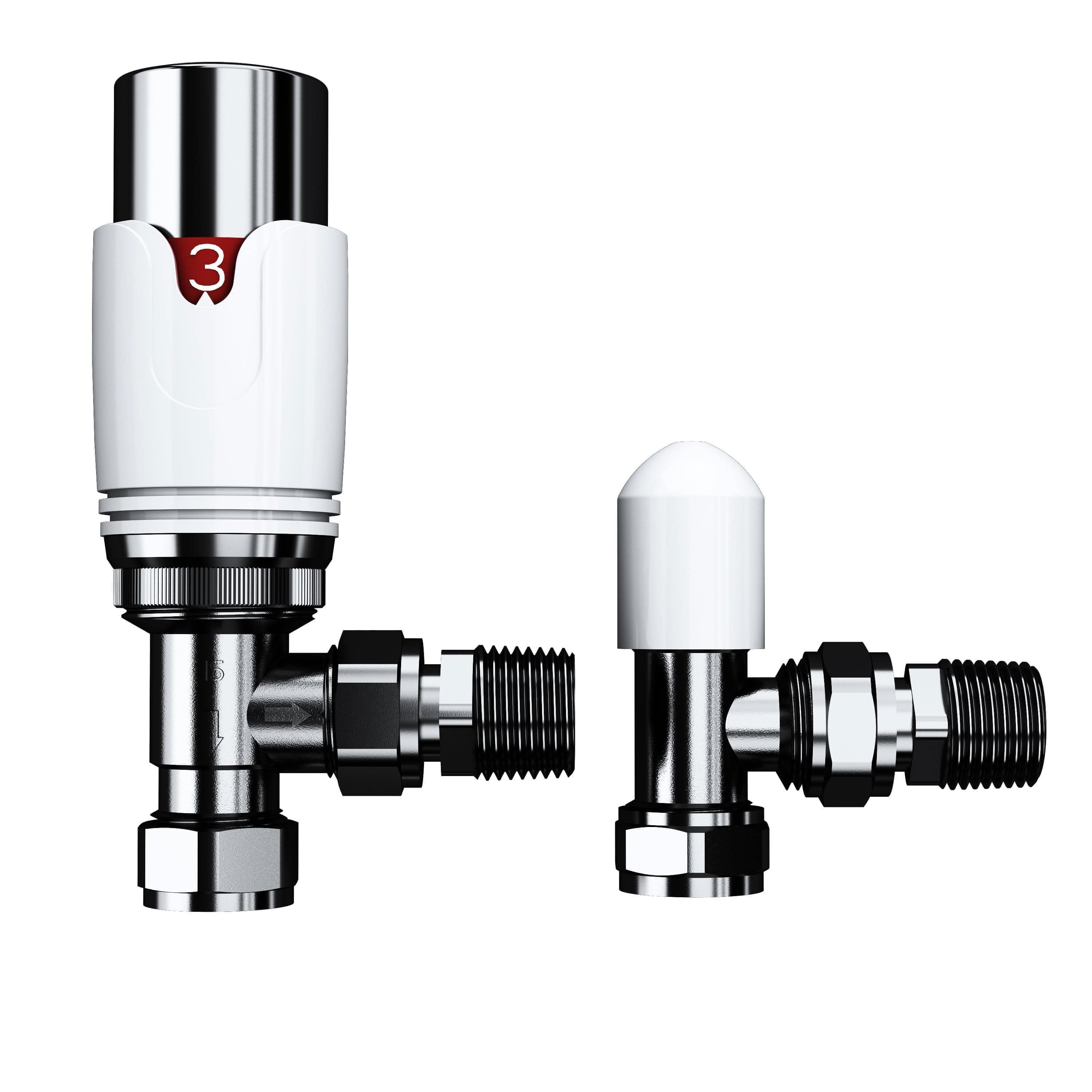 The iBathUK Pro 1/2 Thermostatic Radiator Valve TRV and Lockshield set features chrome valves with white tops—a numbered thermostatic dial and a plain domed lockshield cap—shown against a white background.