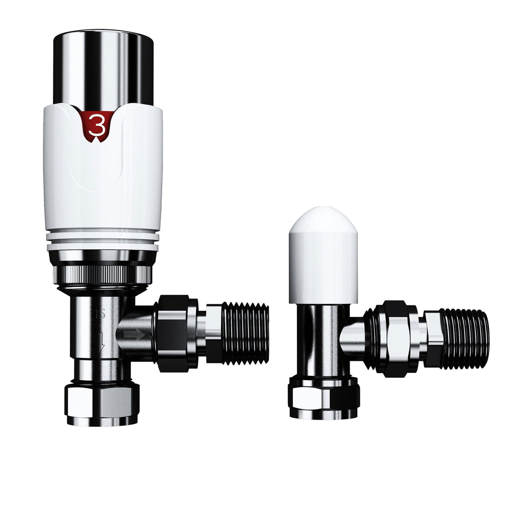 The iBathUK Pro 1/2 Thermostatic Radiator Valve TRV + Lockshield set is shown on a white background: the left valve has a numbered dial for temperature control, while the right lockshield features a smooth, rounded cap.