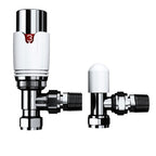 The iBathUK Pro 1/2 Thermostatic Radiator Valve TRV + Lockshield set is shown on a white background: the left valve has a numbered dial for temperature control, while the right lockshield features a smooth, rounded cap.