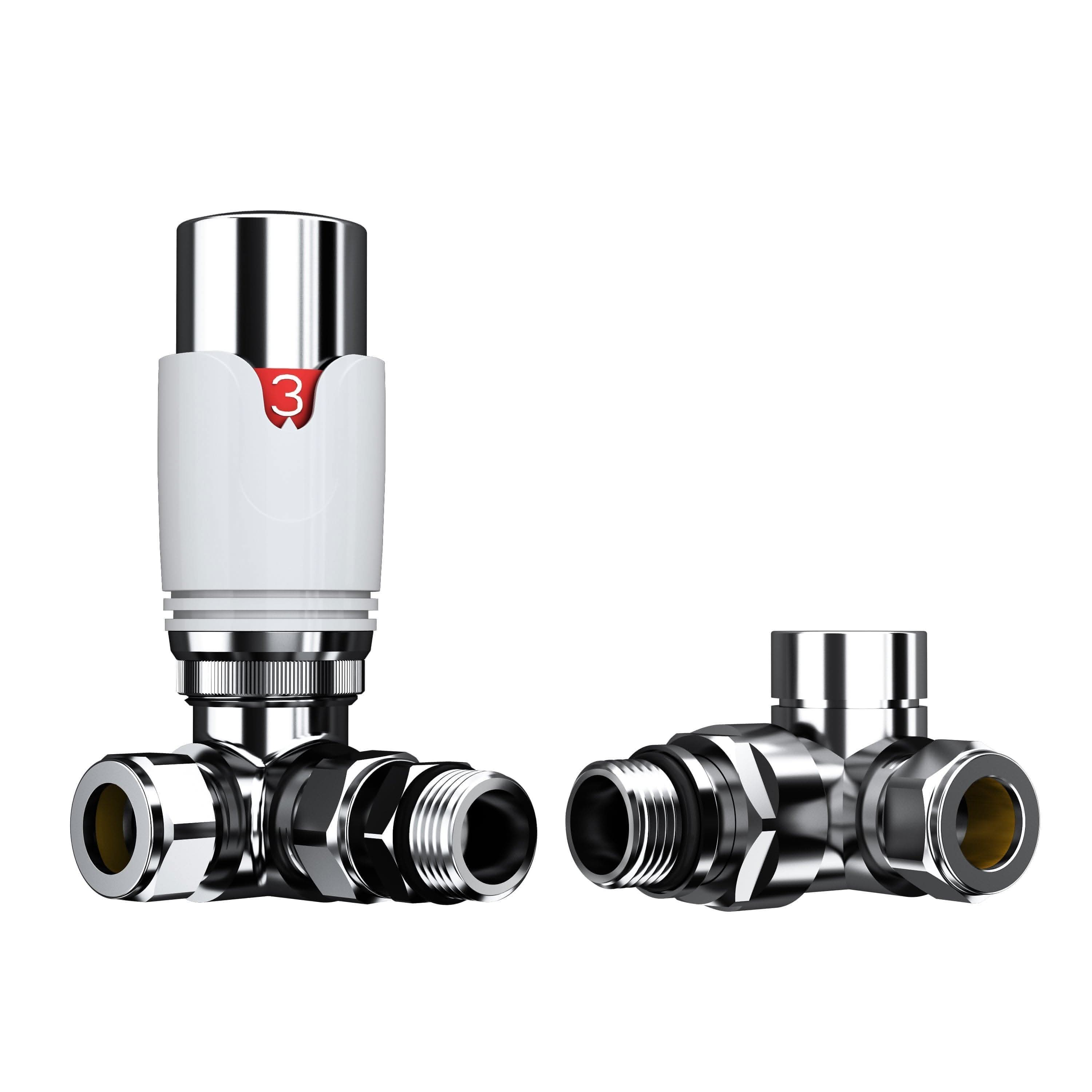 The iBathUK Pro 1/2 Thermostatic Radiator Valve TRV with a white and red numbered cap (marked 3) and matching lockshield valve, both with connection fittings, displayed on a white background.