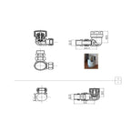 Technical drawing of the iBathUK Pro 1/2 Thermostatic Radiator Valve TRV + Lockshield, showing five detailed views with millimeter dimensions, plus a small inset photo of the chrome valve fitted to a pipe above a glass of water.
