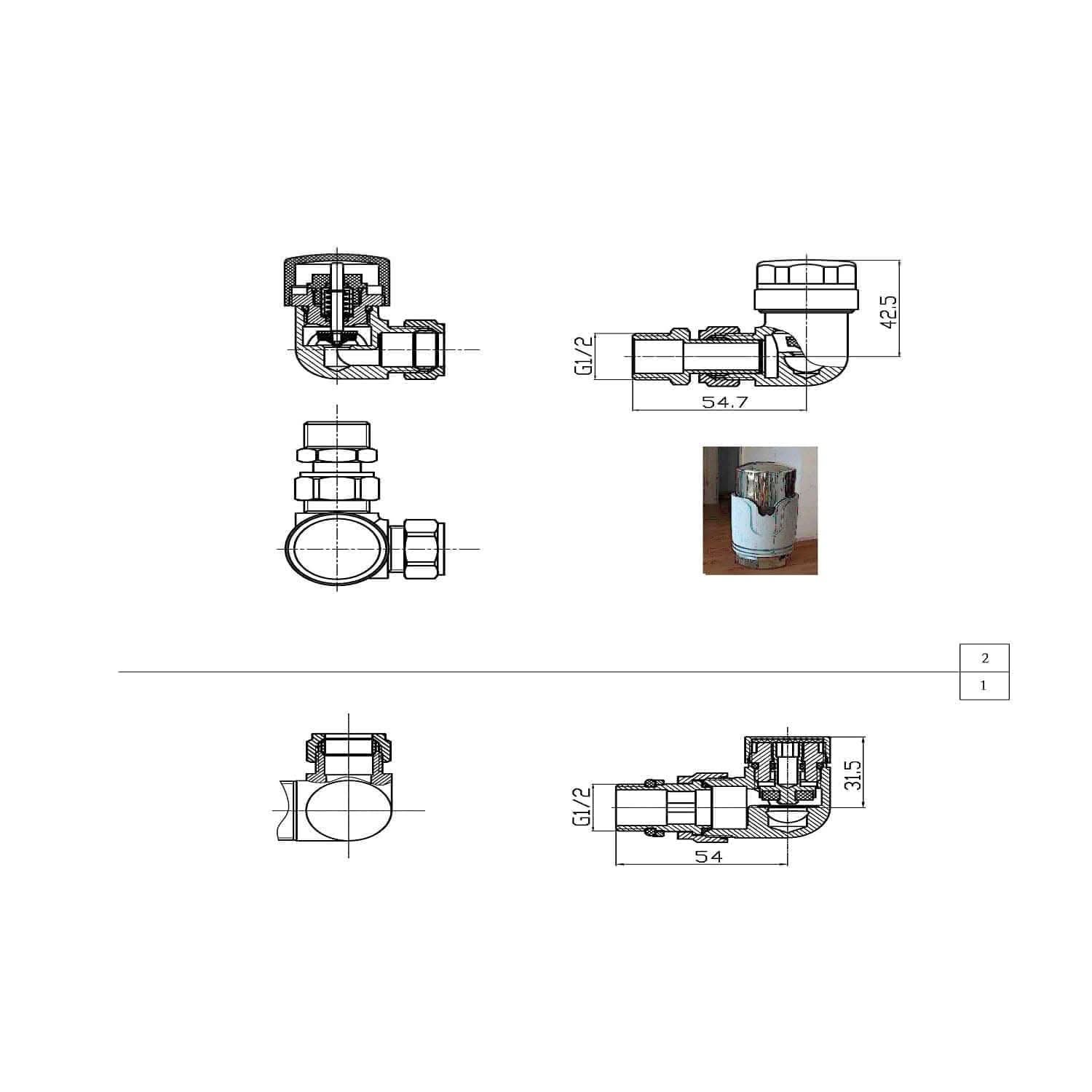 Technical drawing of the iBathUK Pro 1/2 Thermostatic Radiator Valve TRV + Lockshield, showing five detailed views with millimeter dimensions, plus a small inset photo of the chrome valve fitted to a pipe above a glass of water.