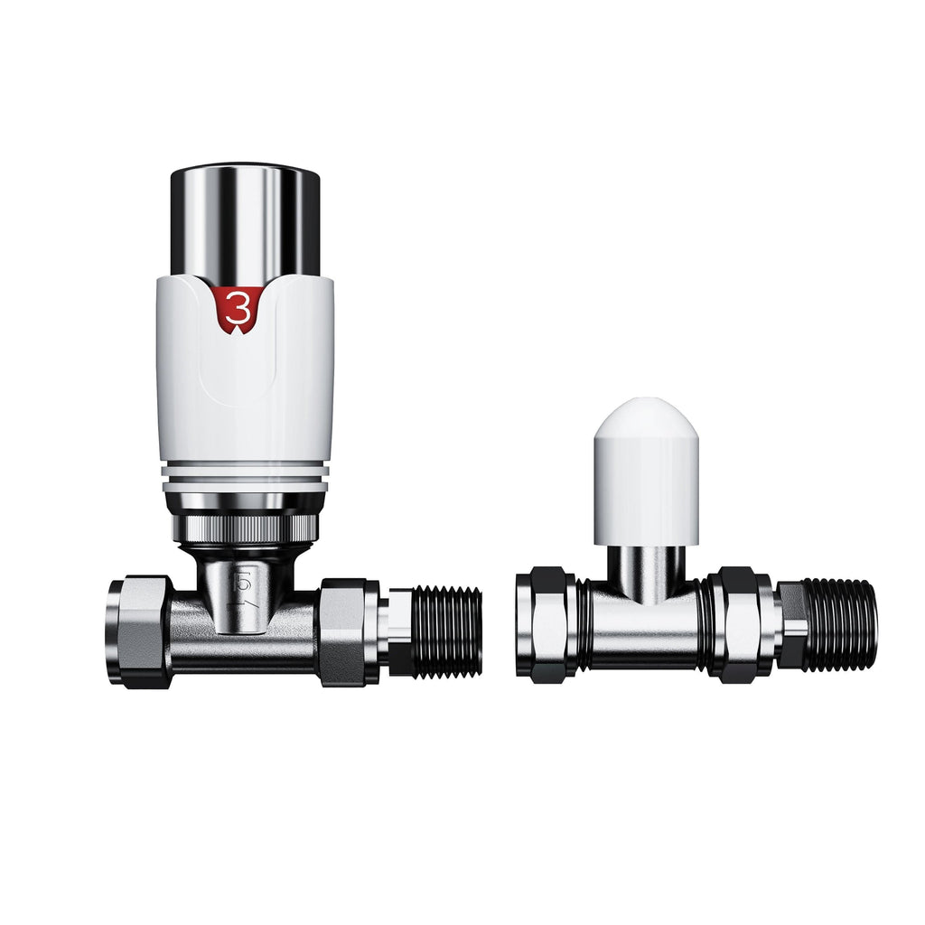 The iBathUK Pro 1/2 Thermostatic Radiator Valve TRV with a white and silver cap marked by a red 3 is displayed alongside its matching lockshield valve, both shown side by side against a white background.