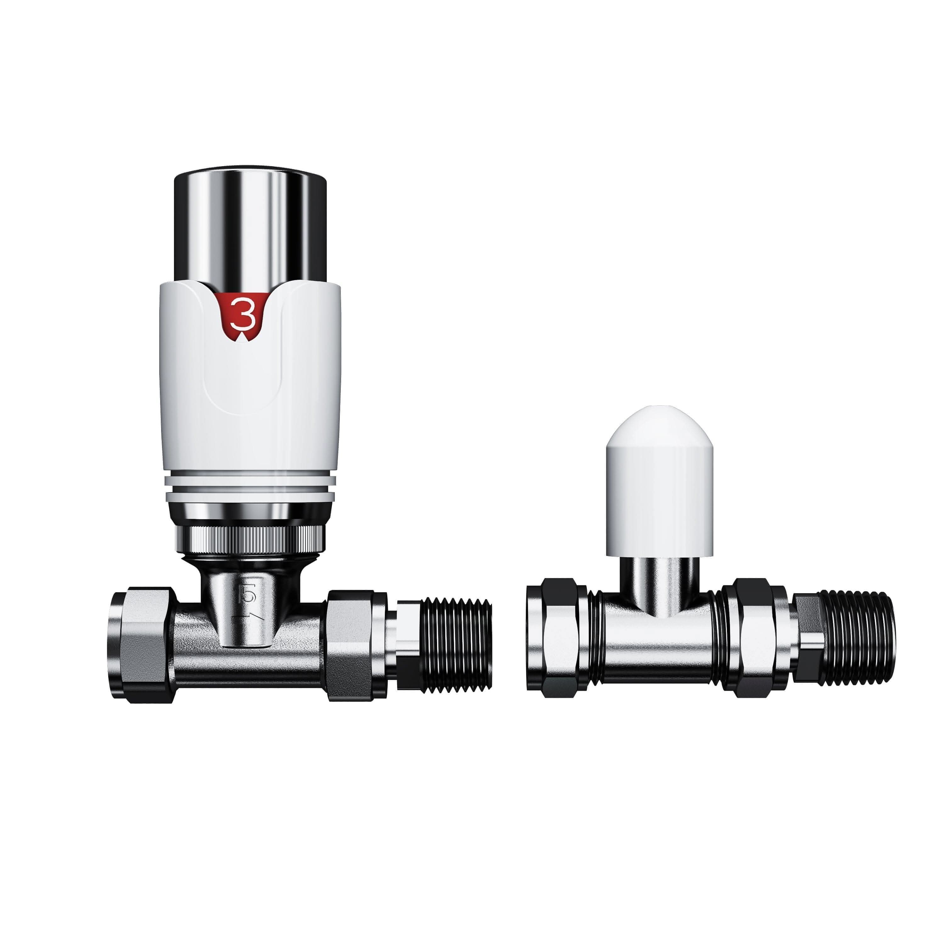 The iBathUK Pro 1/2 Thermostatic Radiator Valve TRV with a white and silver cap marked by a red 3 is displayed alongside its matching lockshield valve, both shown side by side against a white background.