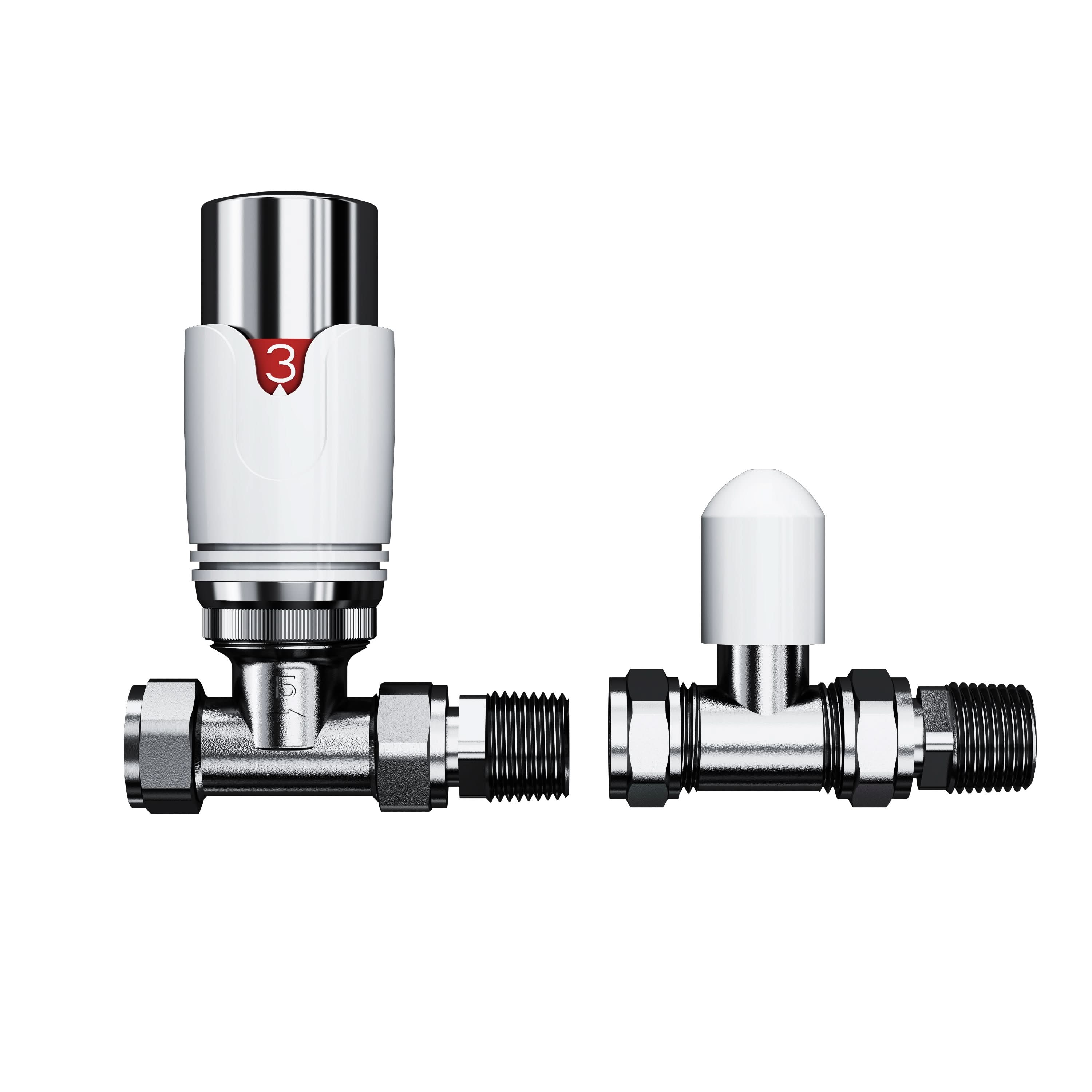 Two iBathUK Pro 1/2 Thermostatic Radiator Valve TRV + Lockshield valves are shown side by side on a white background: the left is the TRV with a white and silver head, red 3 marking; the right is a lockshield valve with a plain white cap.