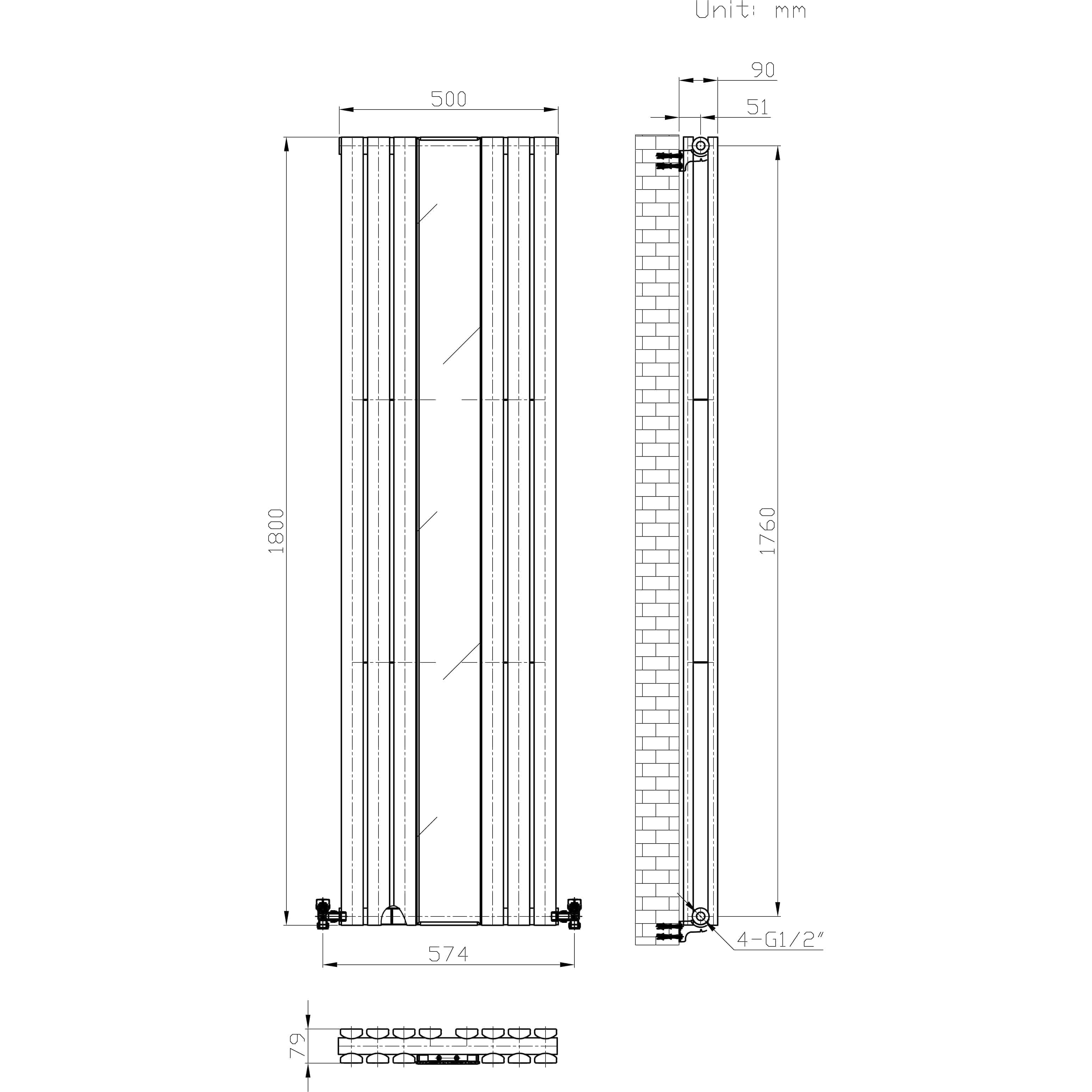 Regalia Vertical Double Flat Panel Mirror Radiator 1800mm x 500mm