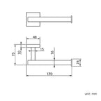 Technical line drawing of the iBathUK Modern Wall Mounted Square Toilet Roll Holder in chrome, showing dimensions: 170mm length, 75mm height, 23mm right end diameter, 16mm bar thickness, 48mm top bracket, and 10mm mounting plate.