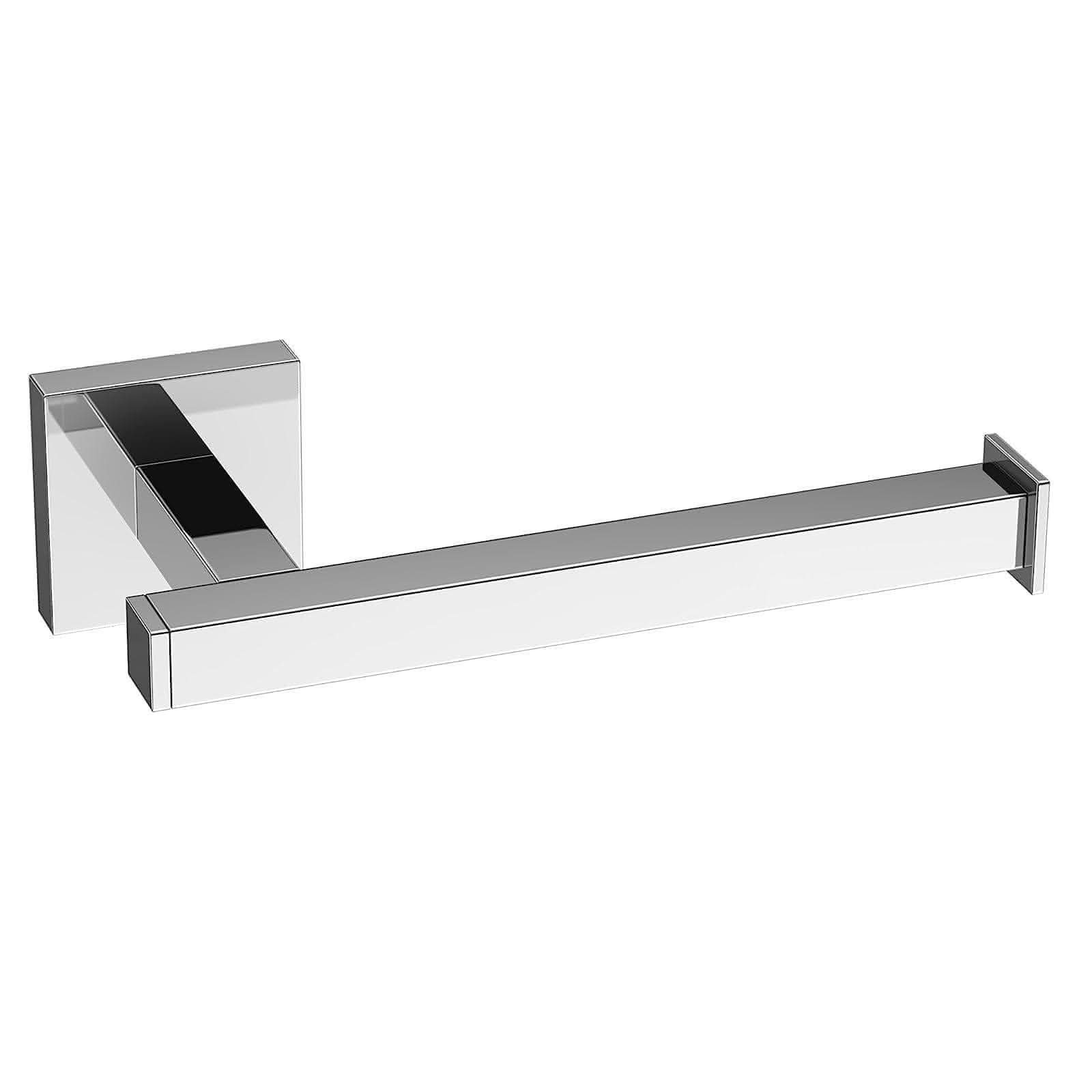 The iBathUK Modern Wall Mounted Square Toilet Roll Holder in chrome features a sleek square base and straight horizontal arm, adding a stylish contemporary touch to your bathroom.