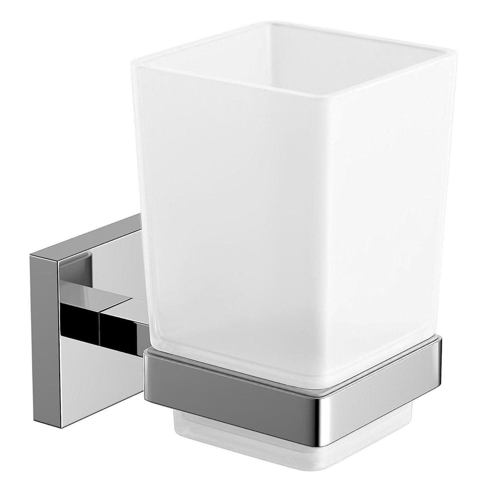 The iBathUK Modern Wall Mounted Square Toothbrush Tumbler Holder features a white frosted glass cup and a chrome-finished bracket, combining style and functionality for your bathroom.