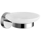 The iBathUK Modern Round Wall Mounted Soap Dish Holder in chrome features a sleek, contemporary design with a frosted glass bowl—an ideal bathroom accessory.