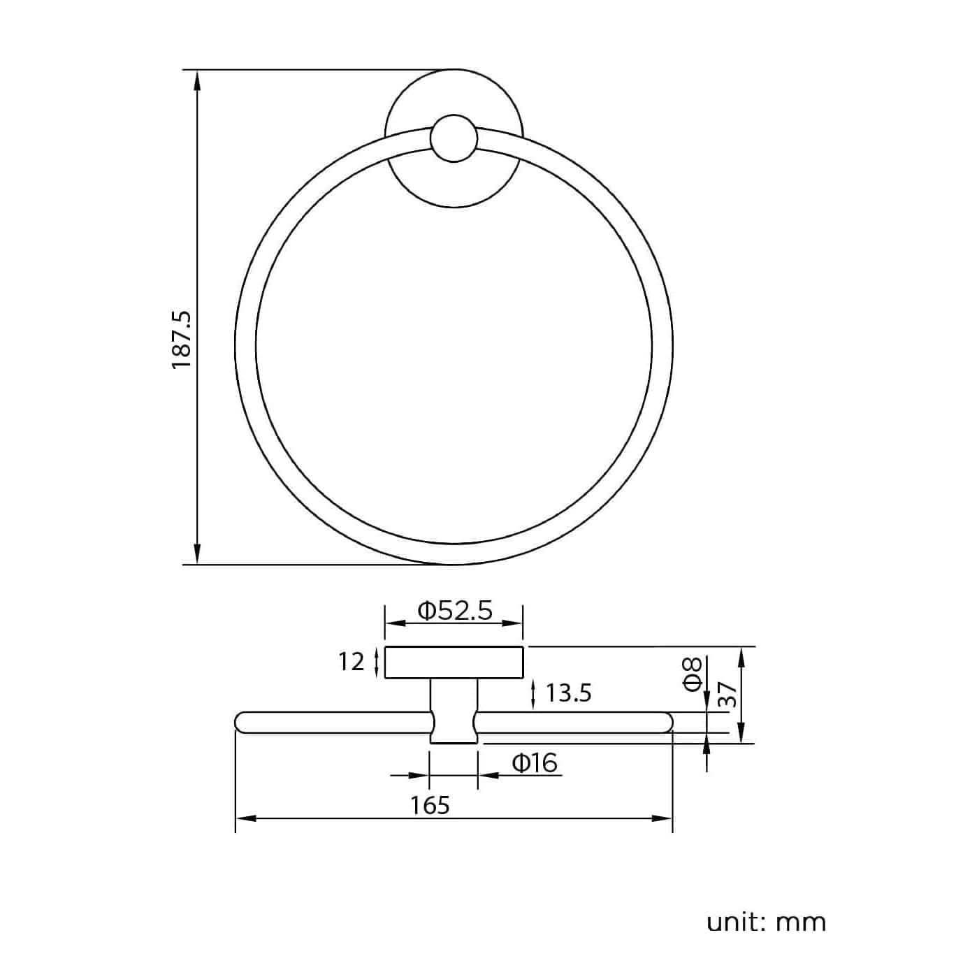 Technical drawing of the iBathUK Modern Wall Mounted Round Towel Ring Holder - Chrome, showing front and side views with dimensions: 165 mm ring diameter, 187.5 mm total height, and 52.5 mm wide mounting plate.