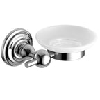 The iBathUK Traditional Wall Mounted Round Soap Dish Holder in chrome features a frosted glass dish, combining classic style and practicality for your bathroom.