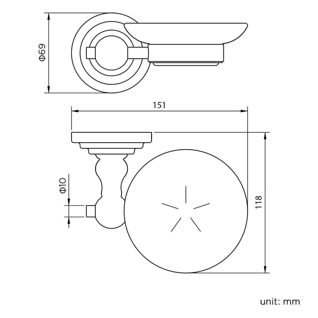 Technical line drawing of the iBathUK Traditional Wall Mounted Round Soap Dish Holder - Chrome, showing dimensions: base diameter 69 mm, overall length 151 mm, height 118 mm, and dish diameter 110 mm. “Unit: mm” noted bottom right.