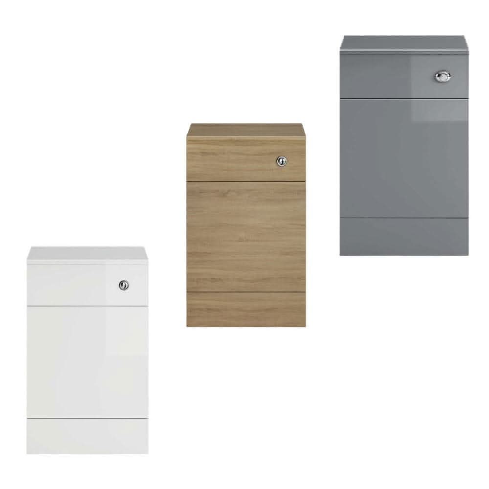 The Harper Back To Wall WC Unit by iBathUK is shown in white, wood, and gray finishes. Each modern unit features a small upper drawer with a round metal handle and a larger lower compartment, ideal for a stylish bathroom upgrade.