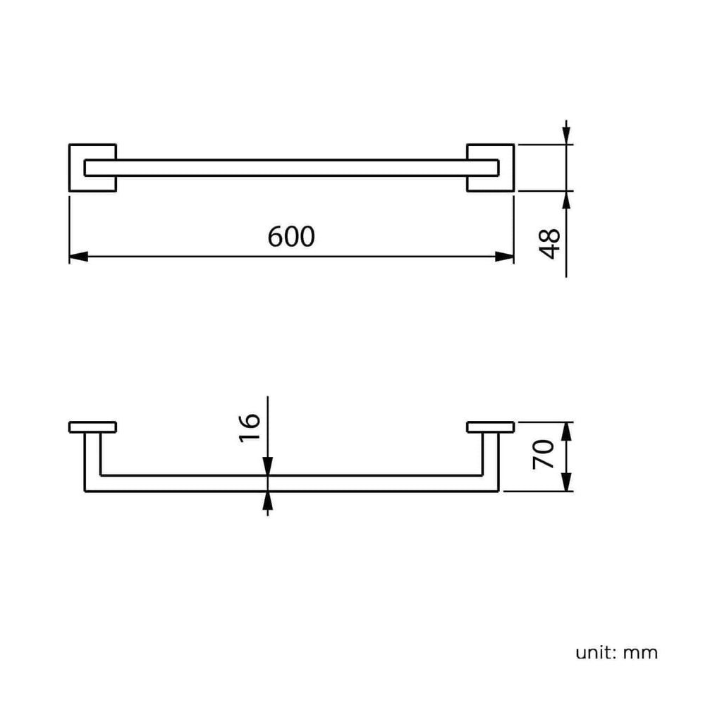 Technical drawing of the iBathUK Modern Wall Mounted Square Towel Rail Bar - Chrome, with front and side views and dimensions: 600 mm wide, 48 mm high (front), 70 mm deep, and 16 mm bar thickness. All dimensions in millimeters.